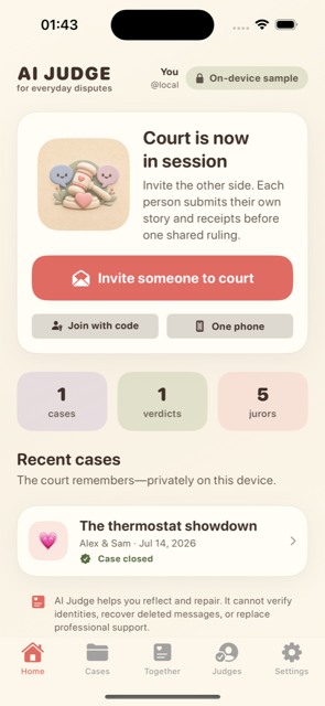The AI Judge home screen with open courts